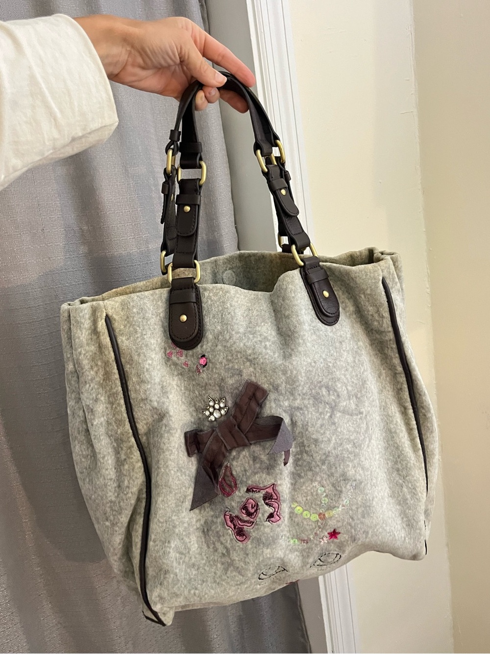 Y2K Juicy Couture Gray Felt Tote with Brown Handles and Embellishments